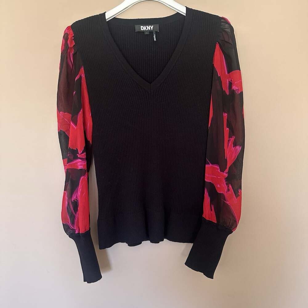 DKNY L Sheer Balloon Sleeve Top Black Red Ribbed Mixed Media Top Black Floral - Picture 3 of 9